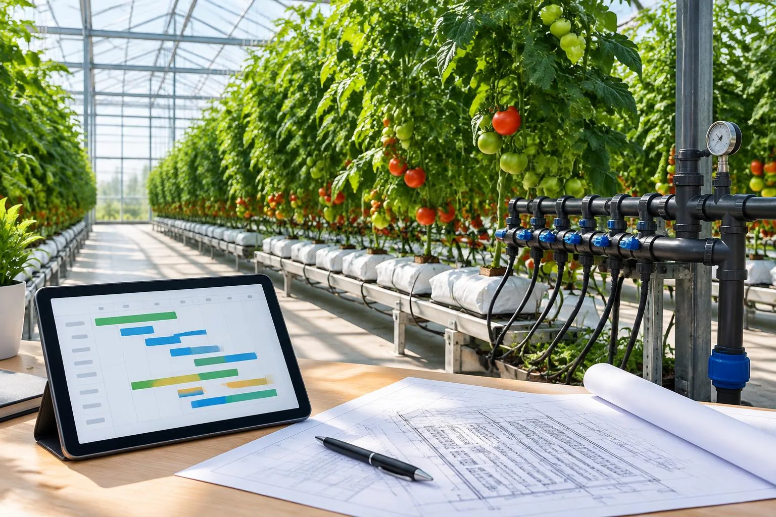 Illustration of commercial greenhouse irrigation and a project schedule on a tablet