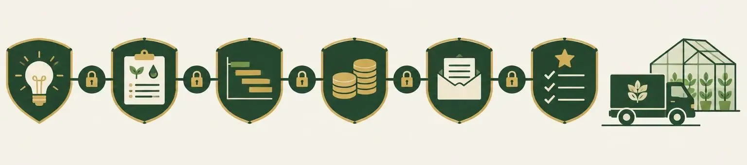 Six decision gates in sequence — idea, specification, timeline, budget, request for quotation, scorecard — locked checkpoints between them, ending in delivery to a greenhouse