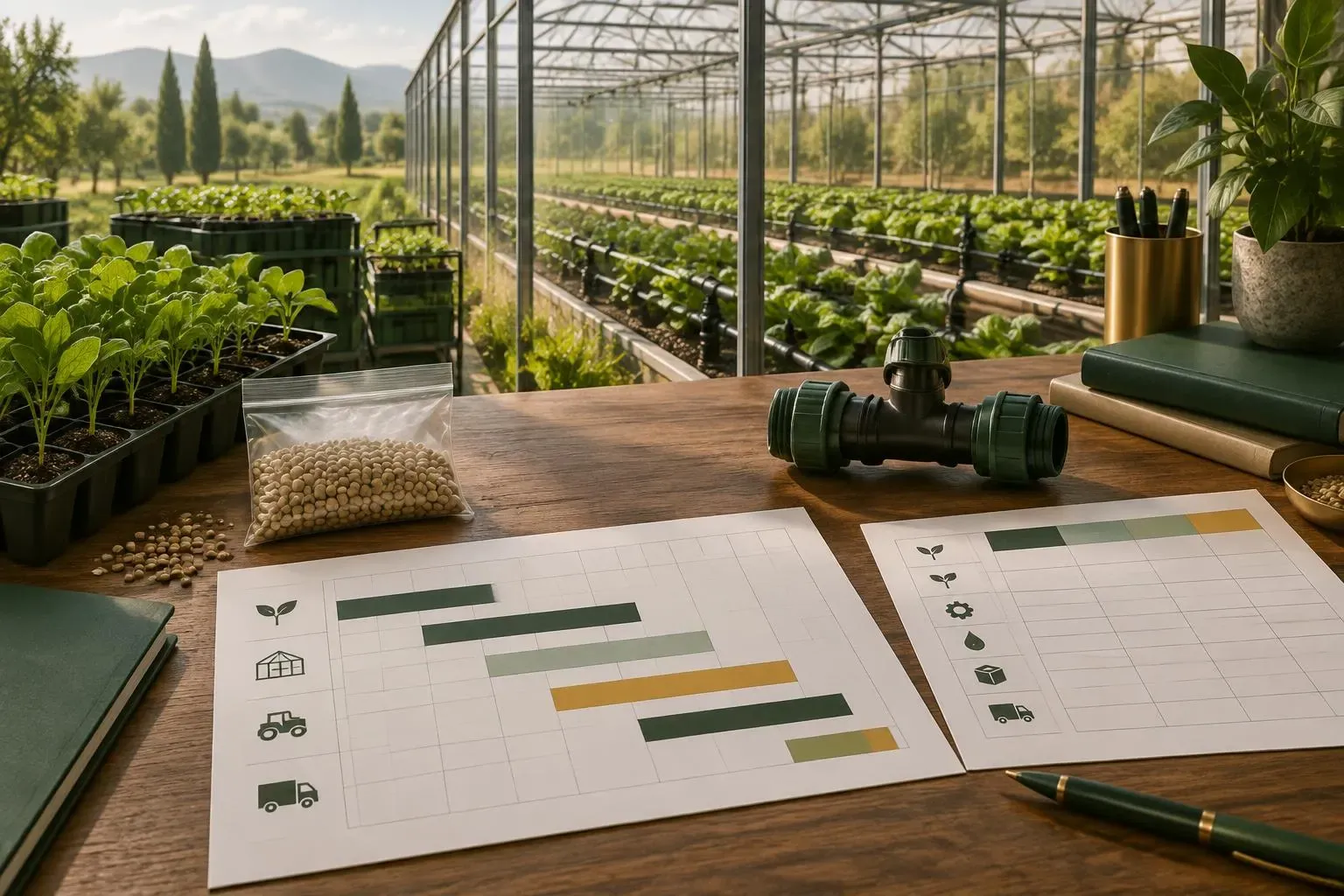 Procurement desk with a seed sample, irrigation fitting, timeline chart and blank supplier comparison sheet overlooking a commercial greenhouse