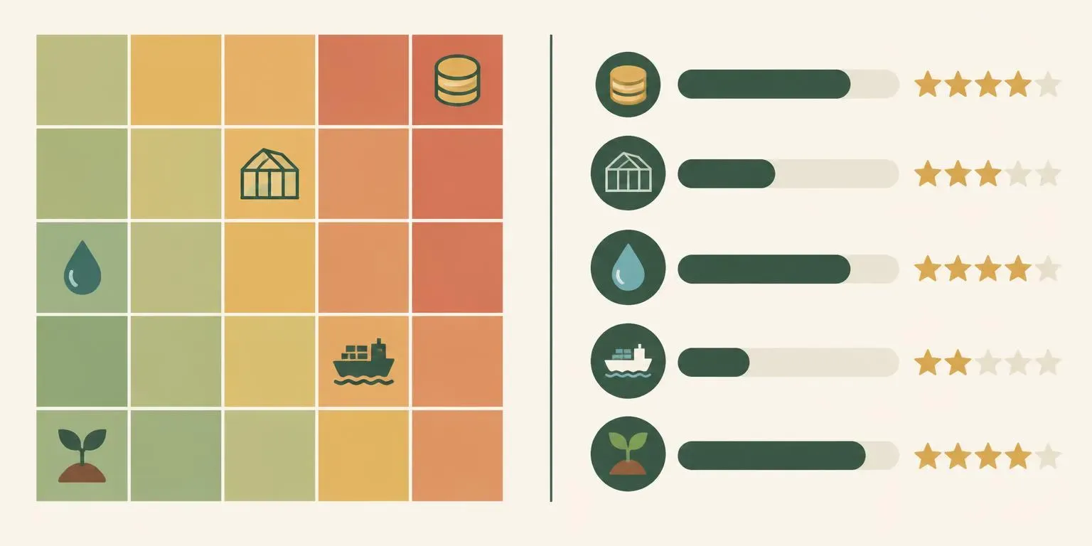 Five-by-five risk matrix with seed, water, shipping, greenhouse and cost icons beside a weighted supplier scorecard with bars and stars