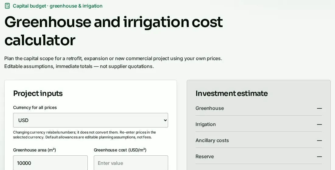 Screenshot of the greenhouse and irrigation cost calculator with currency selector, project inputs and investment estimate panel