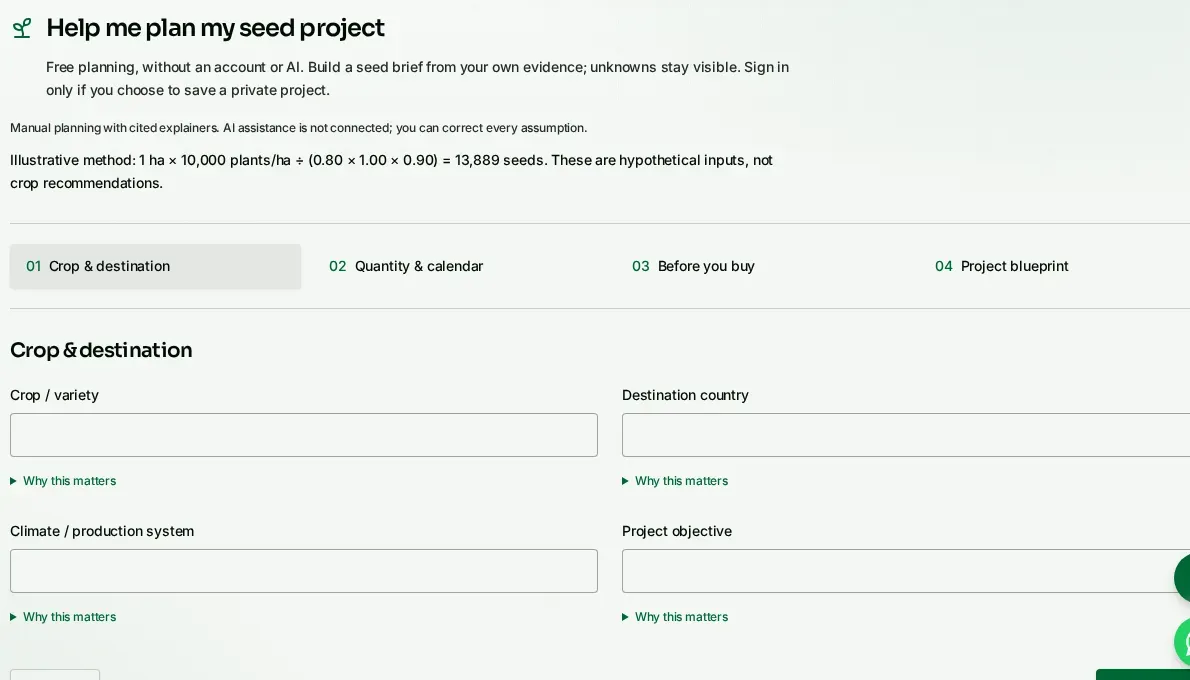 Screenshot of the SeedMatch seed planning flow: crop and destination step with four stages and a worked seed-quantity formula