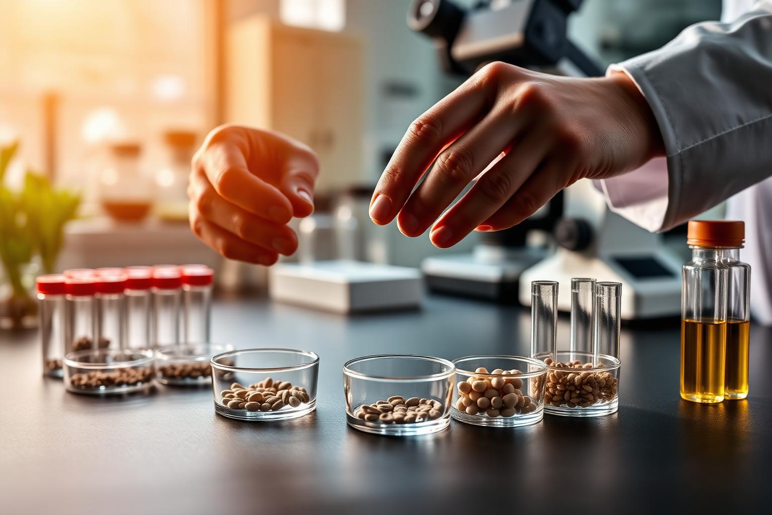 Seed research laboratory with scientists examining seed samples