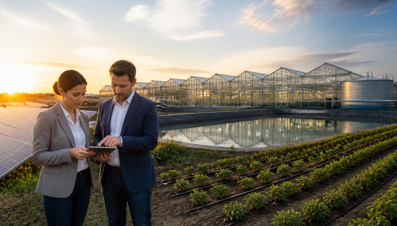 Commercial greenhouse complex at sunset with solar array, lined water reservoir and drip-irrigated field rows, with two agribusiness professionals reviewing a project plan on a tablet