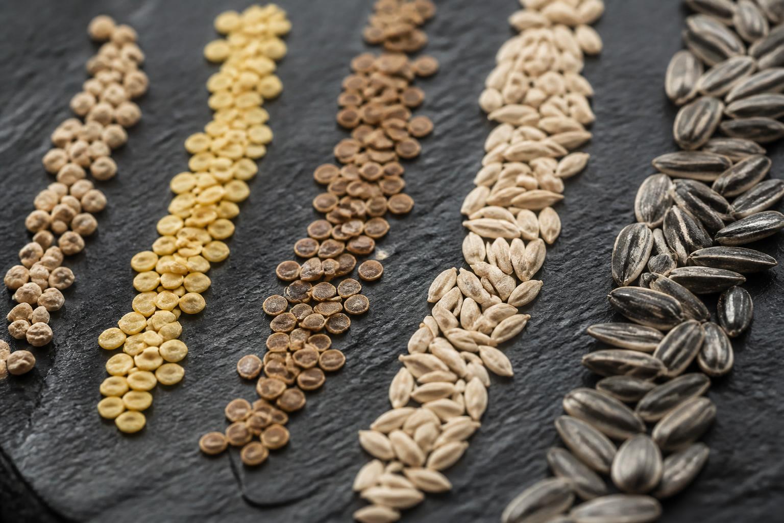Premium vegetable seed varieties arranged on dark slate