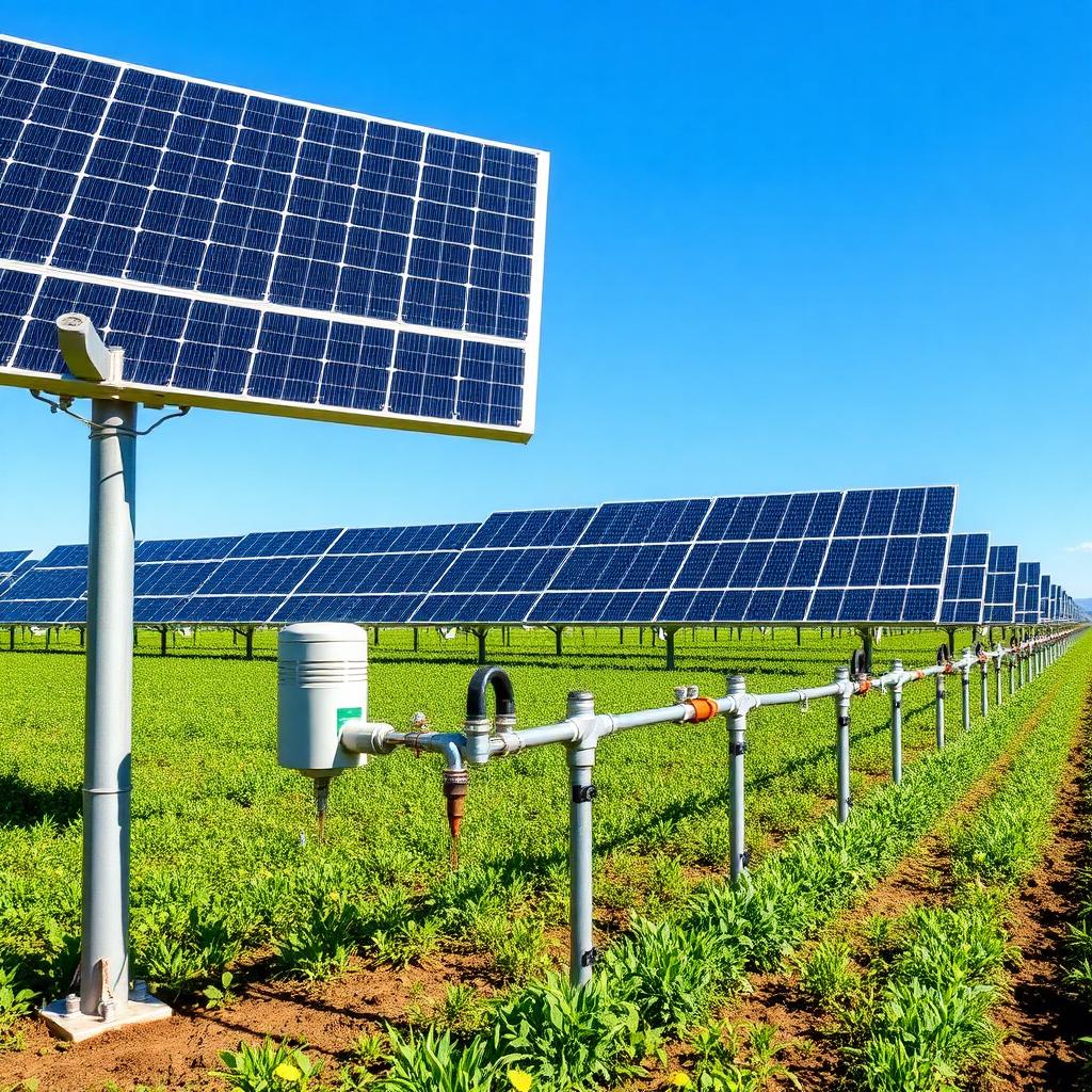 Solar photovoltaic array powering an agricultural drip irrigation pumping station under blue sky