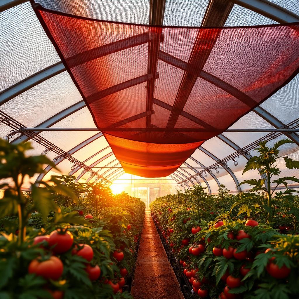 Dual energy and shade screens retracted above tomato canopy inside high-tech sustainable greenhouse Dual energy and shade screens retracted above tomato canopy inside high-tech sustainable greenhouse