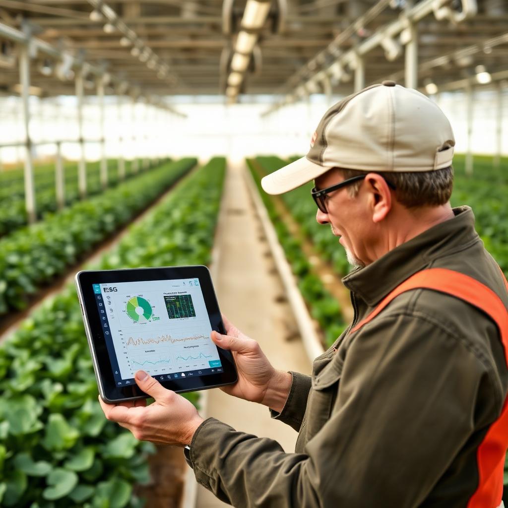 Farm operator reviewing greenhouse ESG telemetry dashboard for energy water and yield KPIs Farm operator reviewing greenhouse ESG telemetry dashboard for energy water and yield KPIs