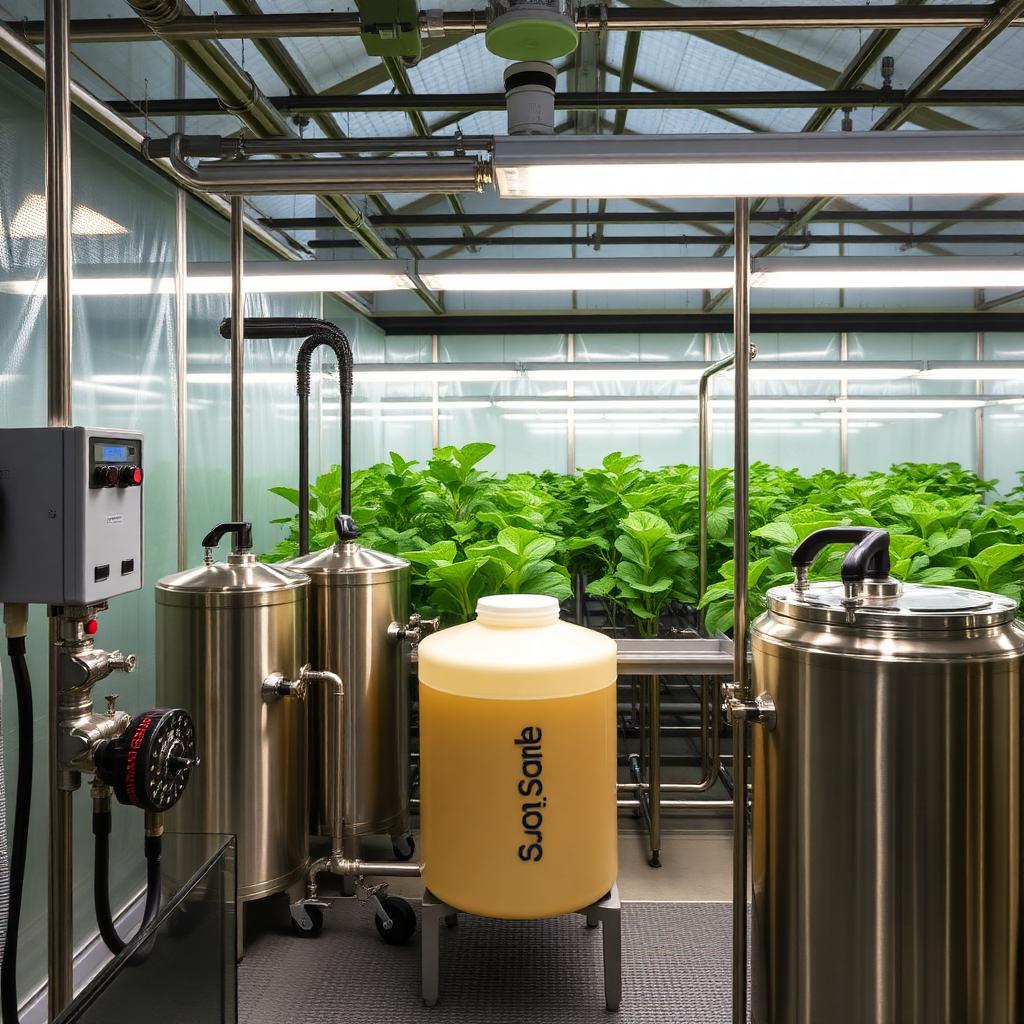 Precision fertigation mixing room with dosing tanks and EC pH controllers inside sustainable greenhouse Precision fertigation mixing room with dosing tanks and EC pH controllers inside sustainable greenhouse