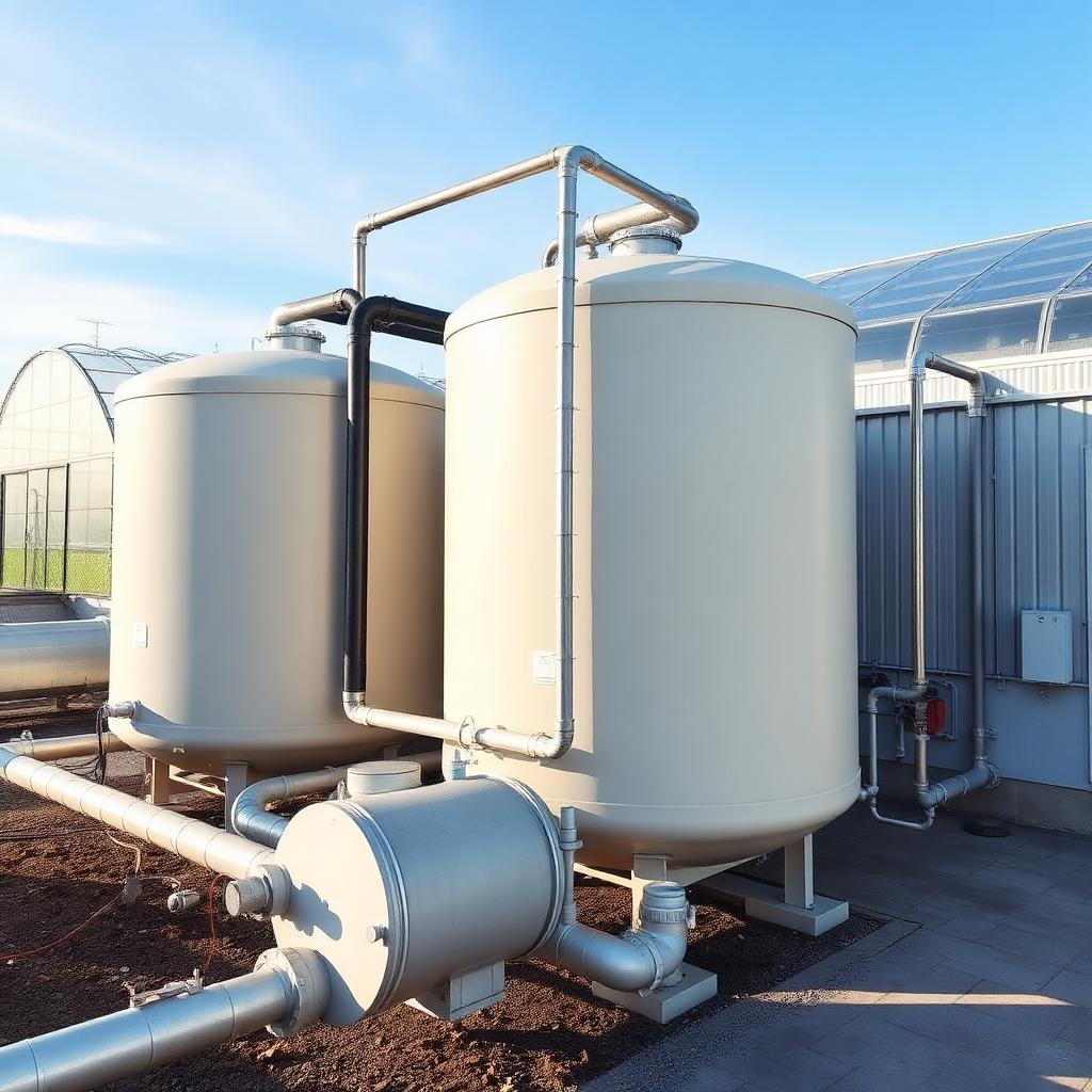 Insulated hot water heat buffer tanks with piping serving a commercial sustainable greenhouse Insulated hot water heat buffer tanks with piping serving a commercial sustainable greenhouse