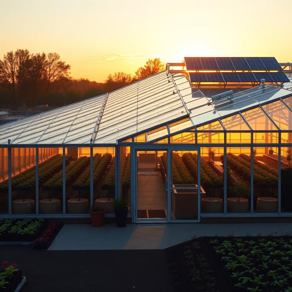 Sustainable Venlo greenhouse exterior with rooftop photovoltaic solar panels and diffuse glass cladding Sustainable Venlo greenhouse exterior with rooftop photovoltaic solar panels and diffuse glass cladding