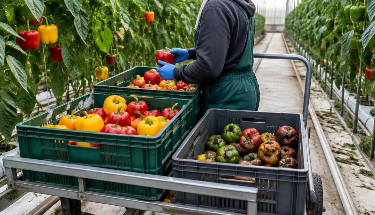 Worker grading harvested peppers into marketable crates and a separate reject crate