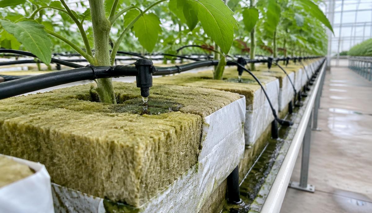 Drip emitters delivering water to plants in stone wool substrate slabs above a drainage gutter