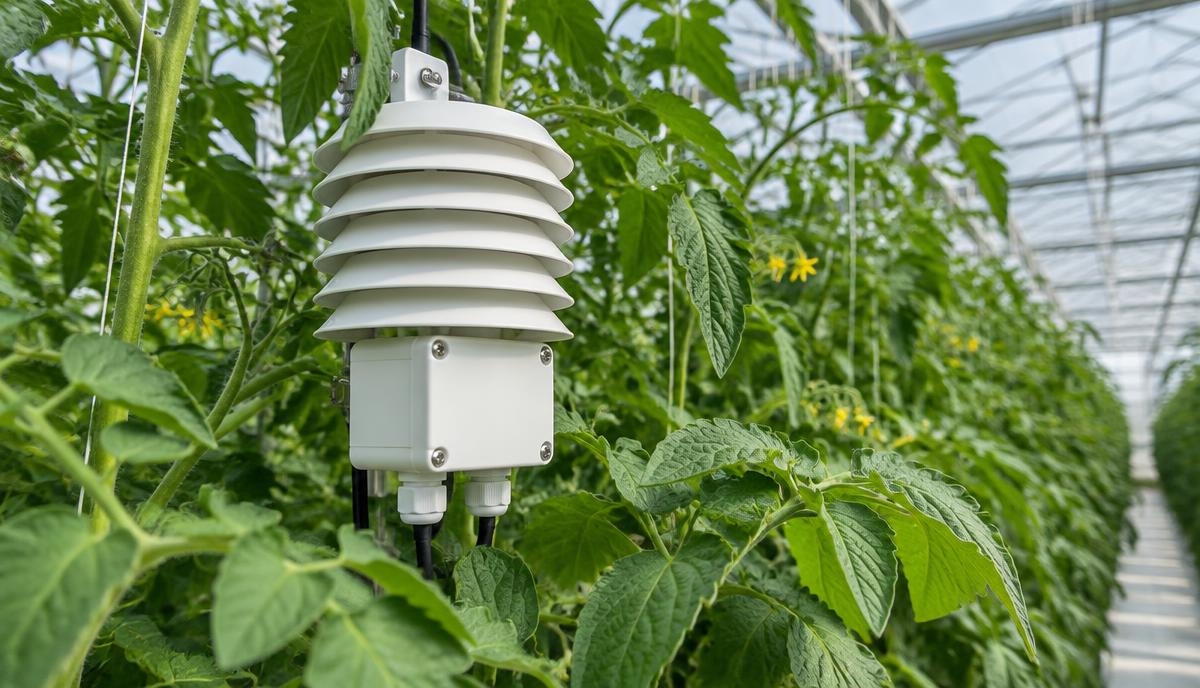 Aspirated temperature and humidity sensor hanging at crop height inside a commercial greenhouse