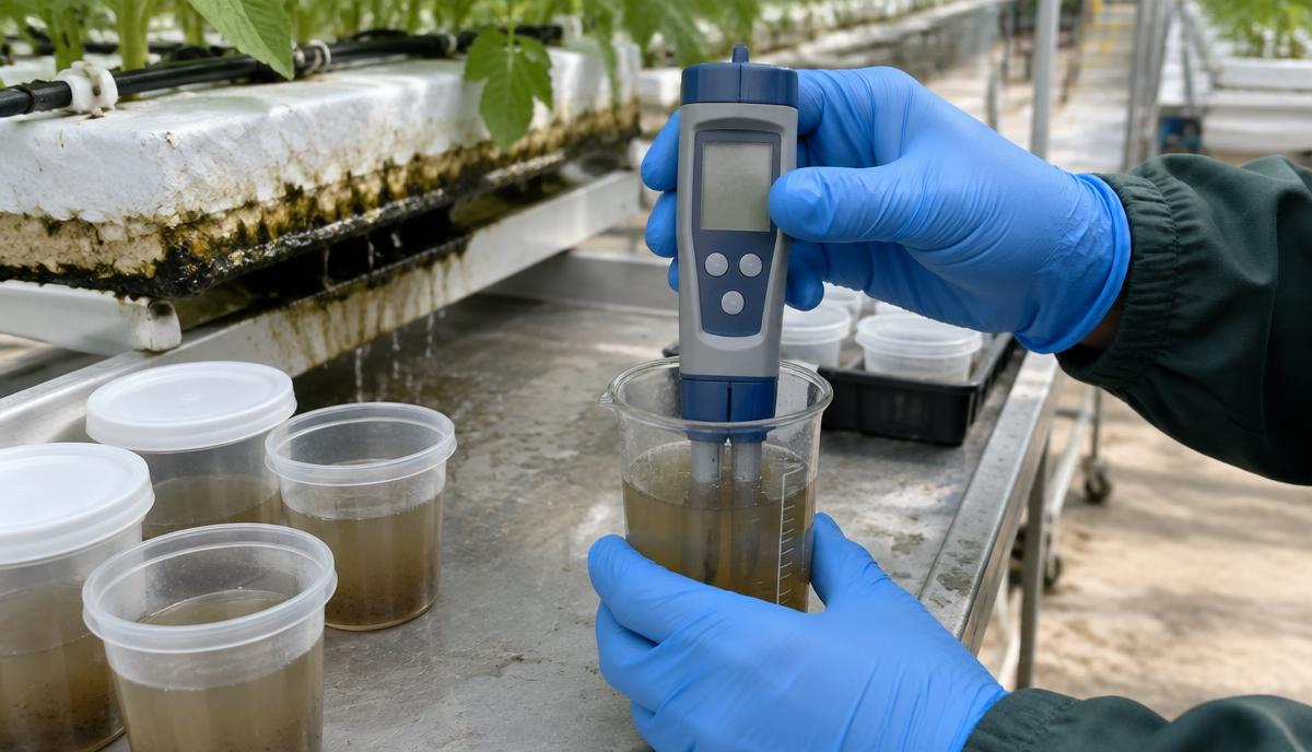 Gloved hands measuring drain water pH and EC with a handheld meter beside sample cups
