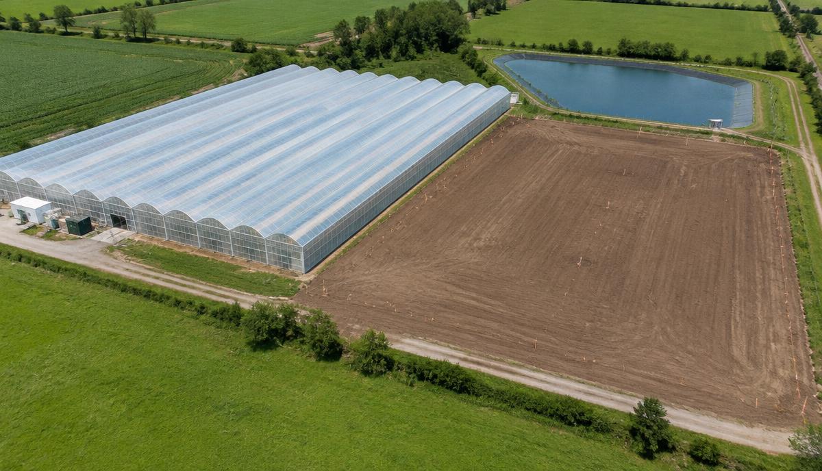 Aerial view of an existing plastic multi-span greenhouse next to a staked empty plot and a water reservoir