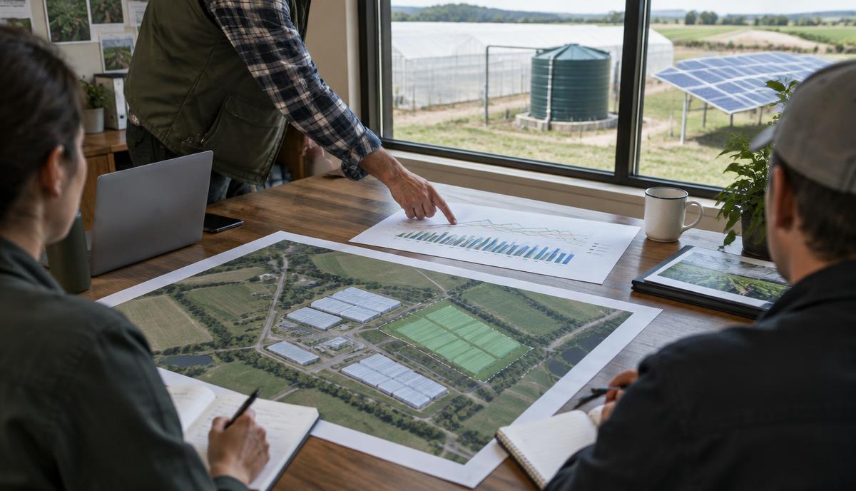 Planning meeting with an aerial site map of a greenhouse expansion, a demand chart, and a water tank and solar panels outside