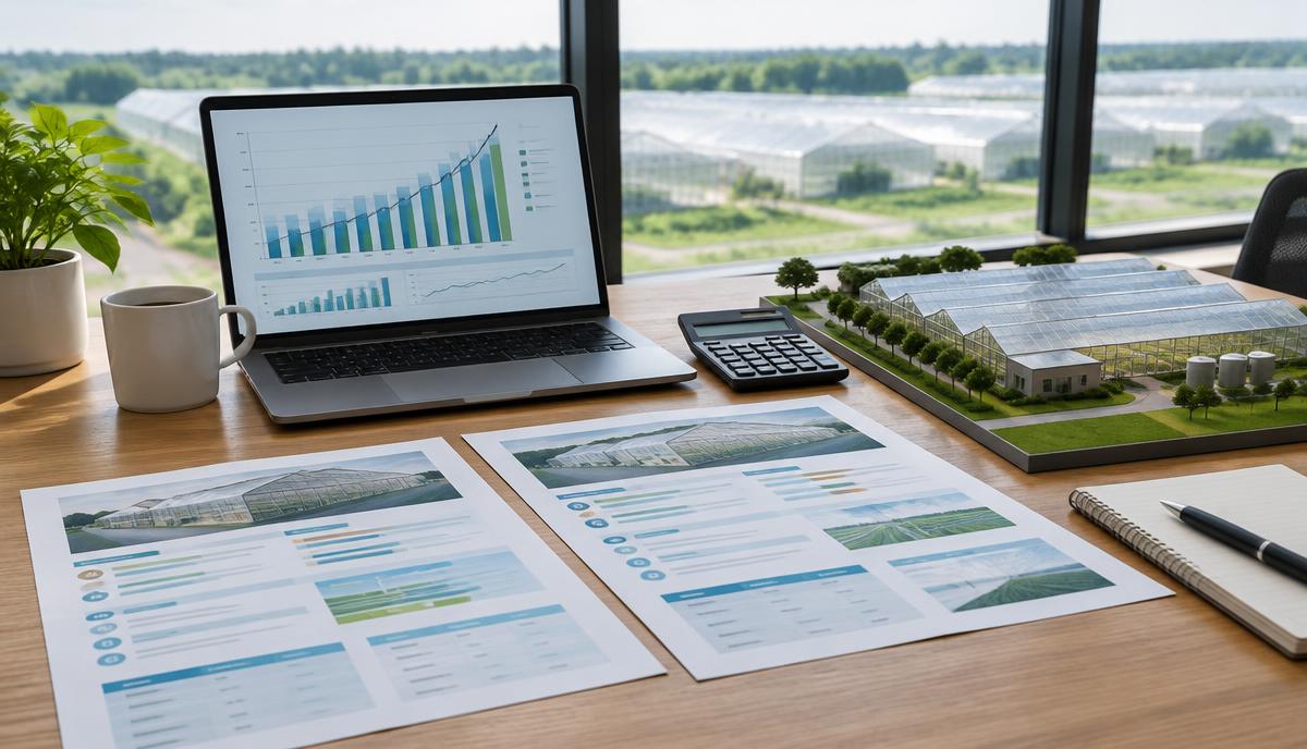 Supplier proposals side by side on a table with a laptop showing a cash-flow scenario chart and a greenhouse scale model