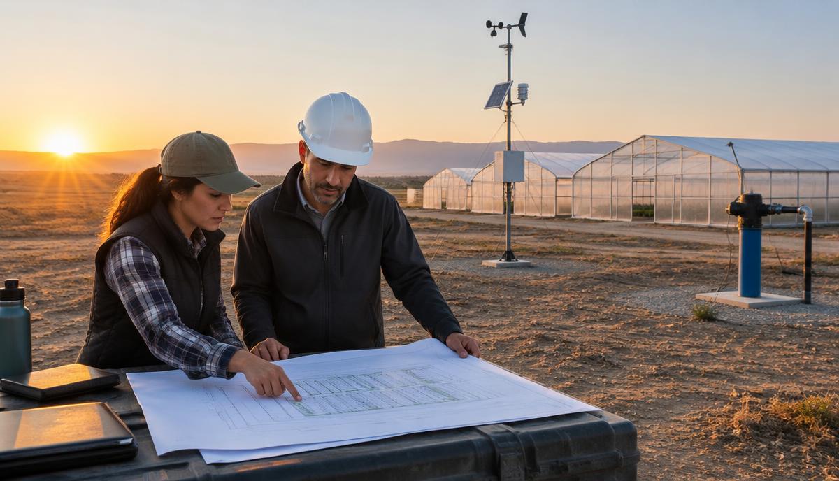 Agronomist and engineer reviewing greenhouse layout drawings on a dry site at sunrise, with a weather station and well pump