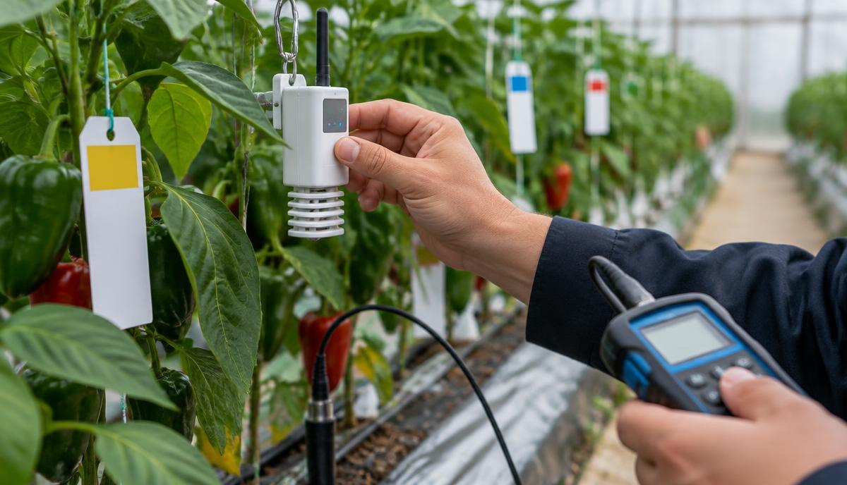 Hand calibrating a wireless climate sensor in a pepper greenhouse trial block, with row tags and a handheld EC meter