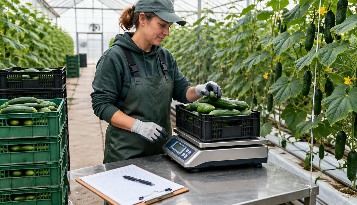 Grower weighing harvested cucumbers on a digital scale at the end of a greenhouse row, with grading crates and a record sheet