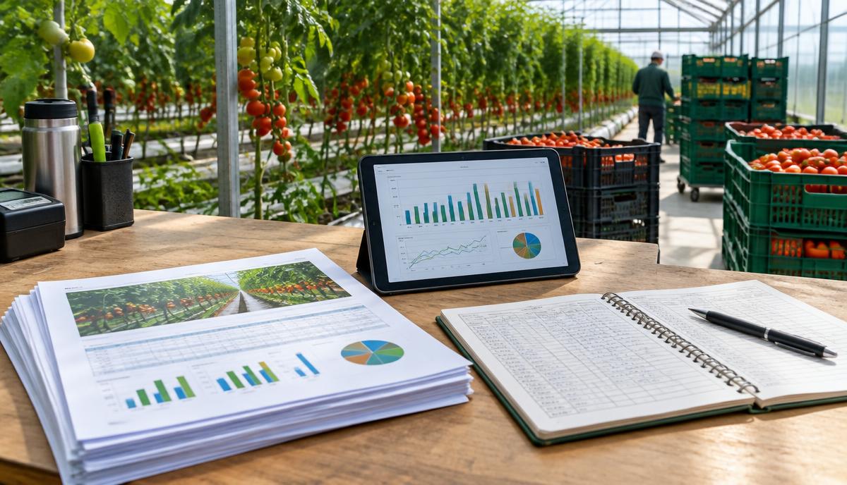 Season reports, a harvest logbook and a tablet with yield charts on a desk inside a tomato greenhouse