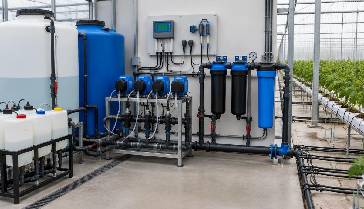 Fertigation room with dosing pumps, stock tanks, filters and an EC/pH controller feeding drip lines in a greenhouse