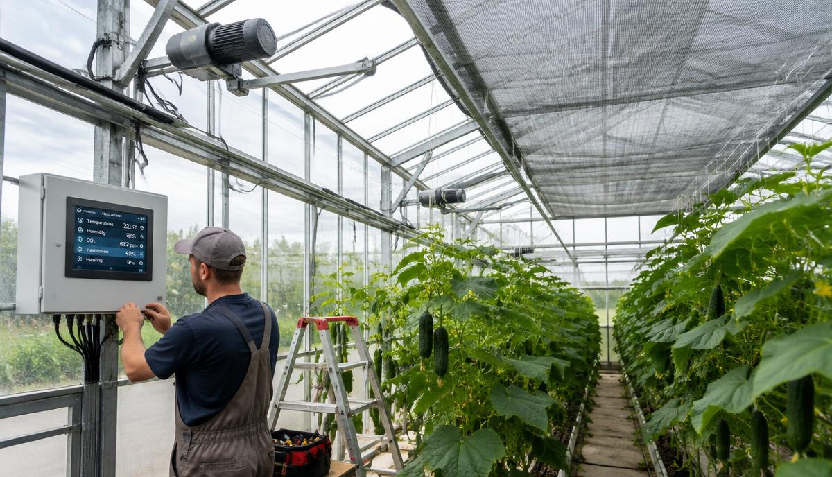 Technician installing a new climate control panel and roof vent motors in an older glass cucumber greenhouse