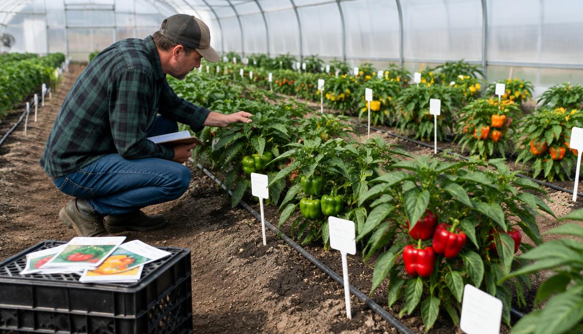 Grower comparing labelled pepper variety plots side by side in a greenhouse trial, with seed packets on a crate
